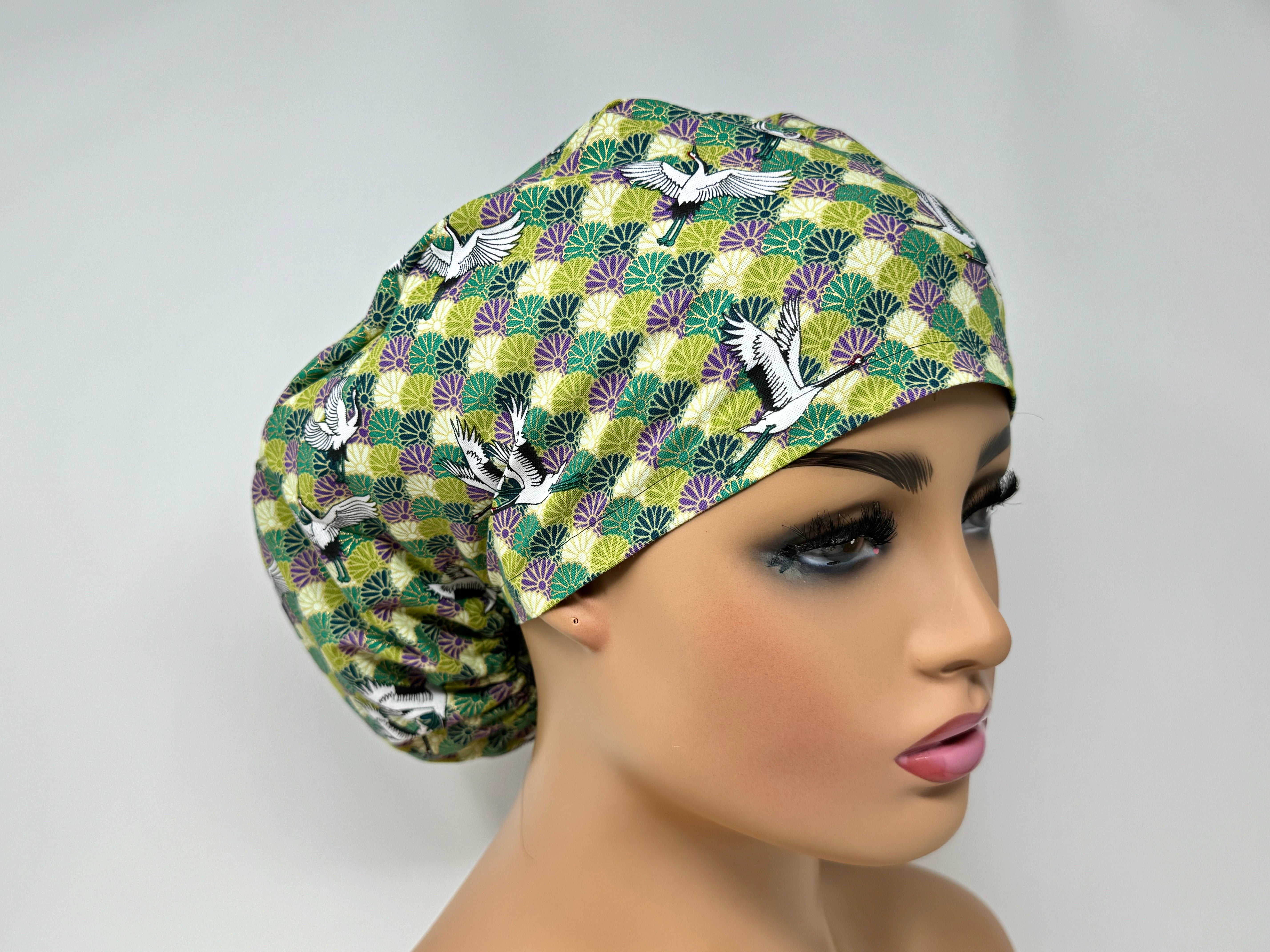 Japanese Classic Wavy Pattern with Cranes - Green *Gold Metallic Print* - Ponytail