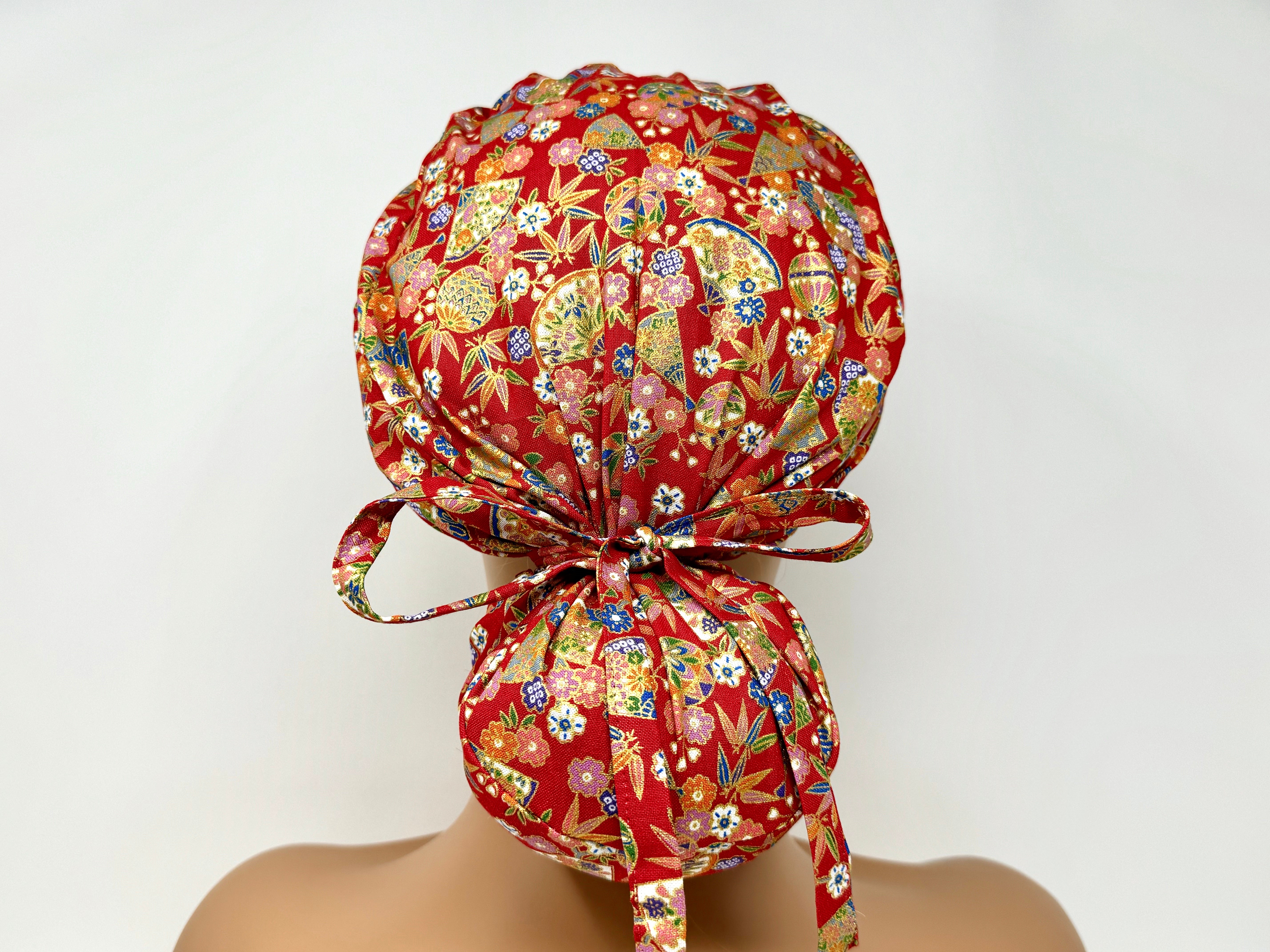 Flower Fans On Red *Gold Metallic Print* - Ponytail