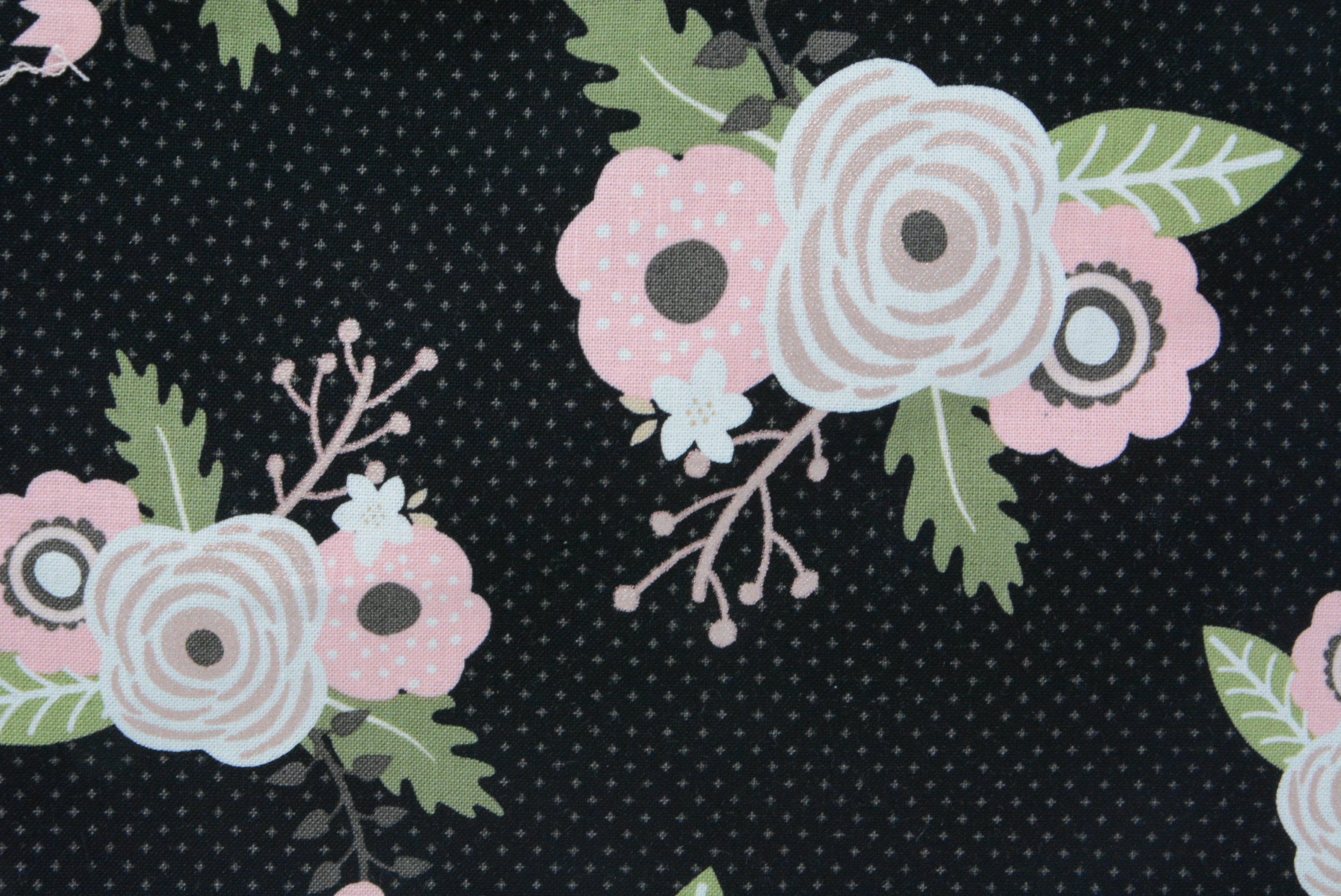 Roses on Black with Polka Dots - Rose Gold Metallic Print